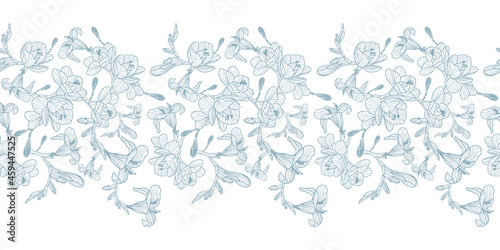 Delicate lace like intricate blue flower border on a white background. Hand drawn elegant seamless vector pattern suitable for fashion and home decor.