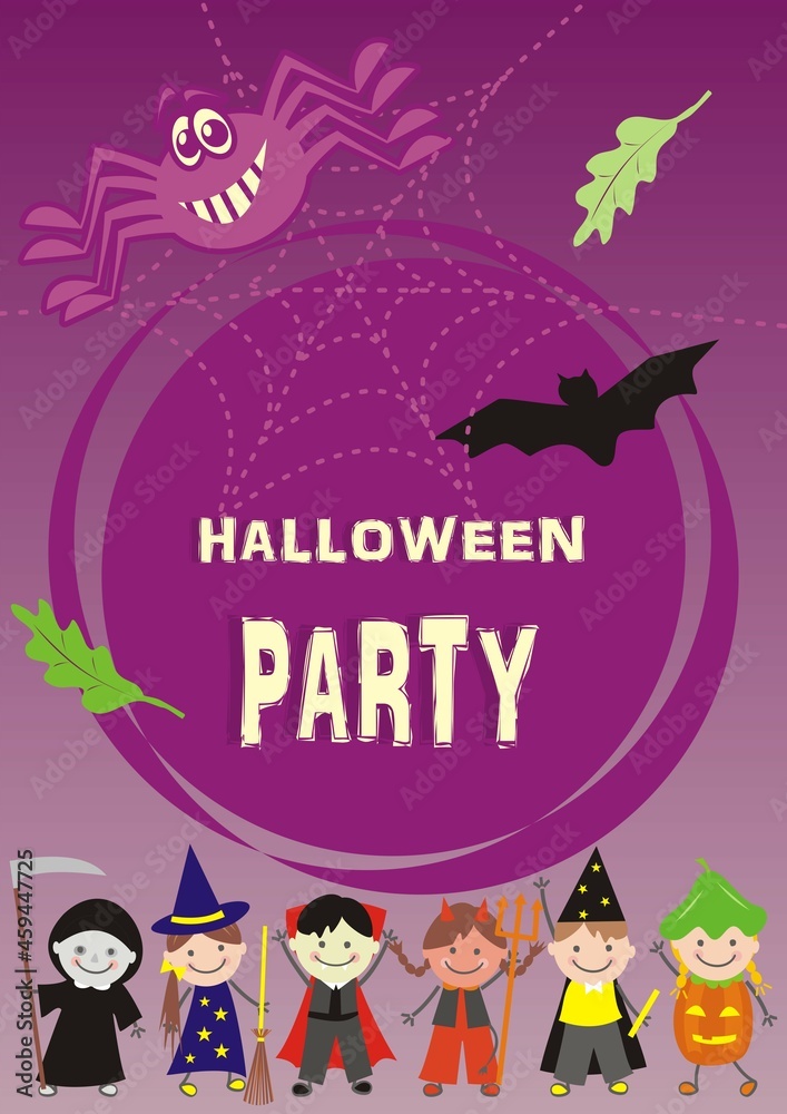 Halloween party, banner, group of children, spider, bat and leaves on purple background