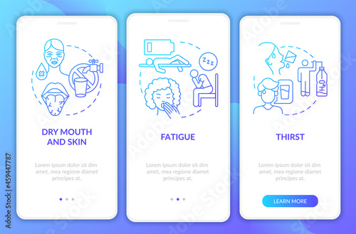 Dehydration symptoms blue gradient onboarding mobile app page screen. Water loss walkthrough 3 steps graphic instructions with concepts. UI, UX, GUI vector template with linear color illustrations