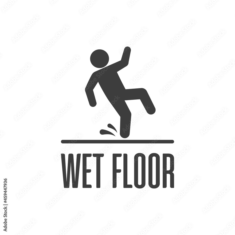 Wet floor warning vector sign isolated on white background. Falling man icon in modern flat style. EPS 10.