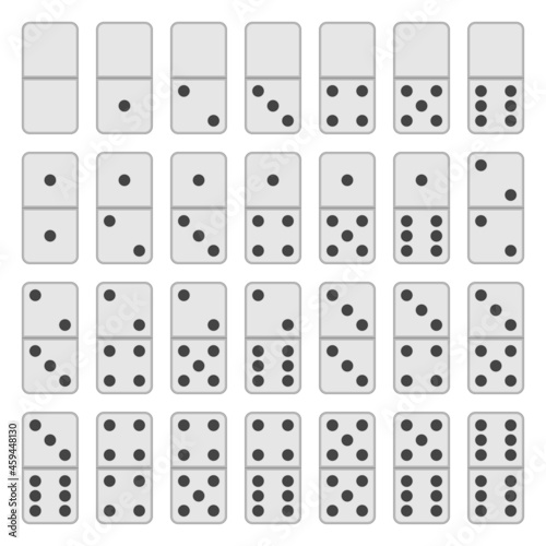 Full Set white domino pieces in realistic style. Dominoes bones complete set isolated on white background. Top view. Vector illustration. EPS 10.