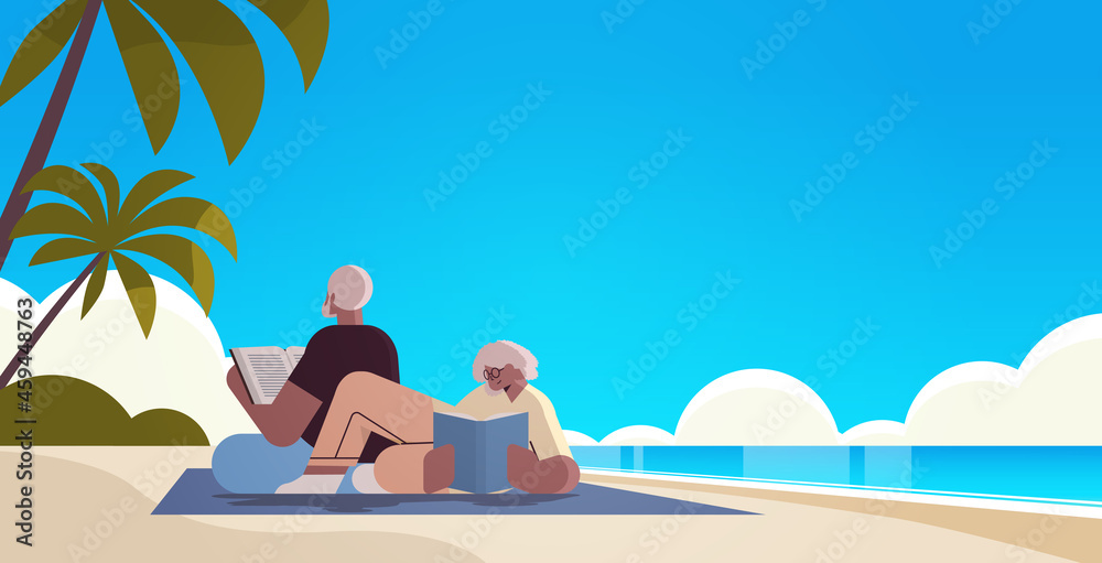 senior couple reading books at beach old man and woman family spending time together relaxation retirement