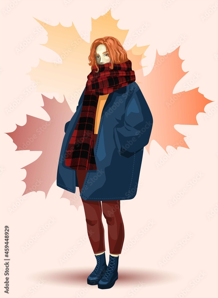 Fototapeta premium a red-haired girl in an oversized jacket on an autumn background with leaves