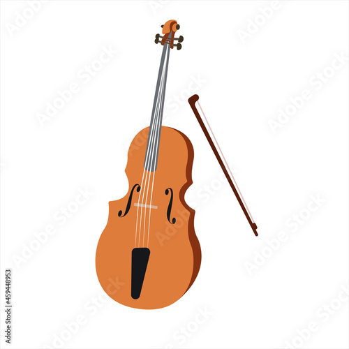 Cello. Bowed musical instruments. The musical instrument is a cello with a bow. Vector stock flat illustration isolated on a white background