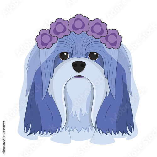 Halloween greeting card. Lhasa Apso dog dressed as a ghost with purple flowers on his head and a wedding veil