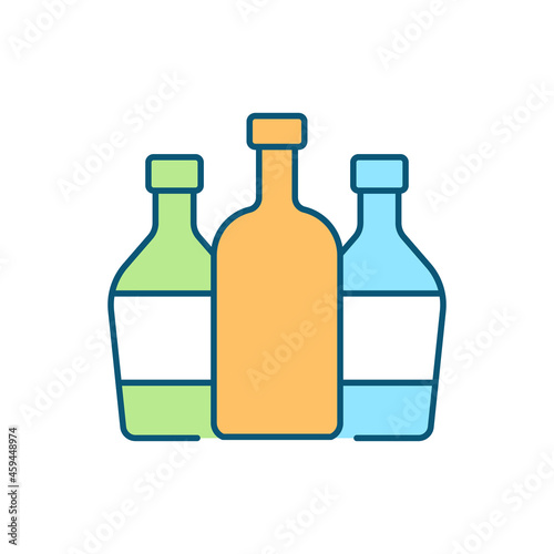 Three different glass bottles RGB color icon. Garbage collection company. Nature protection. Waste recycling, upcycling process. Isolated vector illustration. Simple filled line drawing