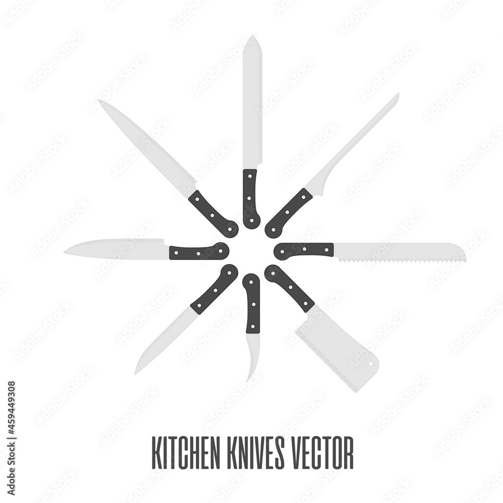 Kitchen knives collection in flat style. Set of butcher meat knives for butcher shop and design butcher themes. Vector illustration EPS 10. Kitchen knives collection in flat style. Set of butcher meat knives for butcher shop and design butcher themes. Vector illustration EPS 10.