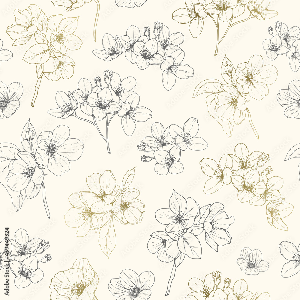 Seamless pattern with outline flowers