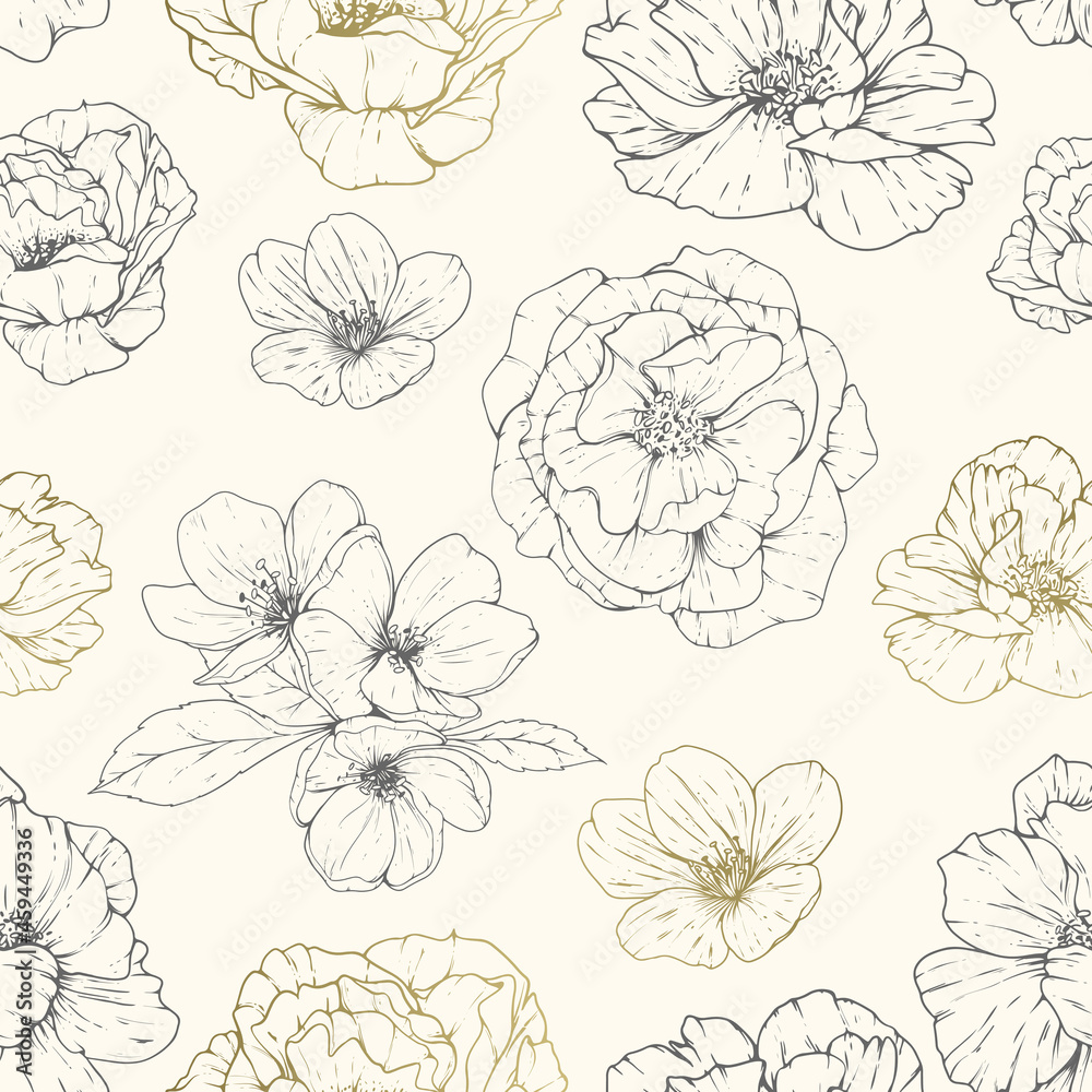 Seamless pattern with outline flowers