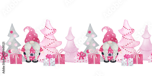 Watercolor hand drawn seamless border with pink Christmas gnomes, new year gifts presents.Pastel Nordic Scandinavian gnomes with chritsmas tree snowflakes, cute cartoon character winter design. photo
