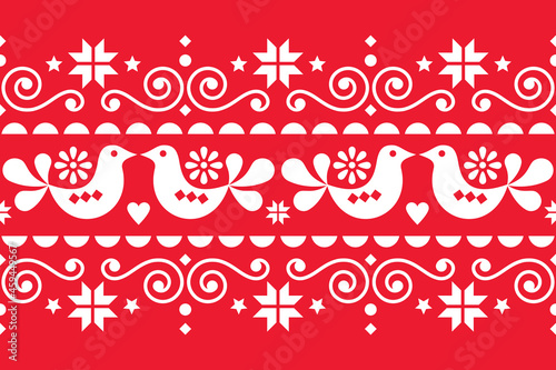 Christmas folk art vector seamless textile pattern, Scandinavian, Nordic festive pattern with birds, Christmas trees, snowflakes and hearts in white on red backgorund

