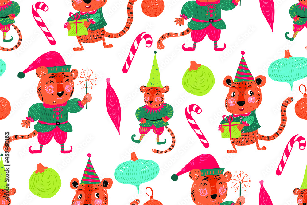 Christmas seamless pattern with Christmas elf, little tiger, Christmas tree decoration, candy stick. Happy New Year. Christmas seamless pattern with Christmas elf, little tiger, Christmas tree decoration, candy stick. Happy New Year.