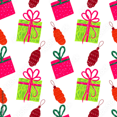 Seamless pastern with Christmas gift boxes and pine cone. Can be used as wrapping paper, wallpaper, textile design.