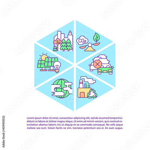 Net zero emissions strategy concept line icons with text. PPT page vector template with copy space. Brochure, magazine, newsletter design element. Air pollution reduction linear illustrations on white