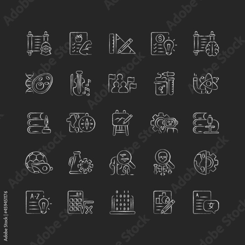 School subjects chalk white icons set on dark background. Humanities and applied sciences. Social science learning in schools. Physical education. Isolated vector chalkboard illustrations on black