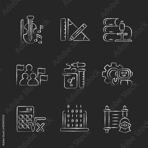 Different types of school subjects chalk white icons set on dark background. Scientific study. Music classes in educational institutions. Isolated vector chalkboard illustrations on black