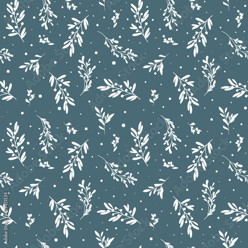 Christmass botanical seamless pattern. Branches, leaves and berries. Cute vector illustration for background, gift card, wrapping paper, textile, stationery and any surface design
