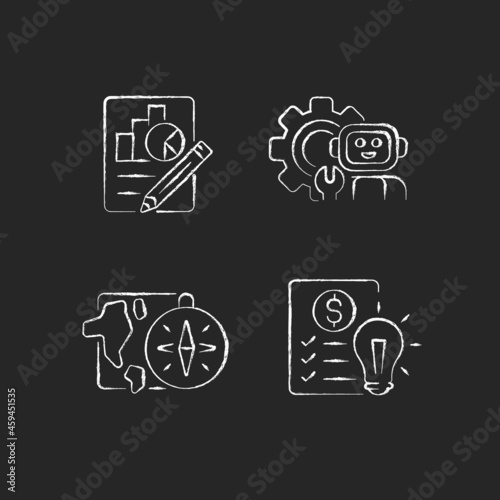 Diversity of school subjects chalk white icons set on dark background. Economics report. IT classes. Geography lessons. Financial literacy education. Isolated vector chalkboard illustrations on black