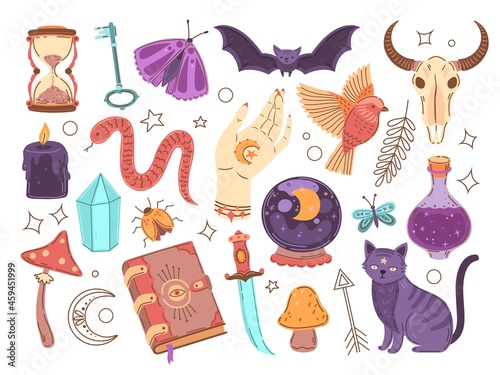Magical witch collection. Magician symbols, hand drawn magic graphic. Cute hippie esoteric elements, snake crystal, mystic potion exact vector set