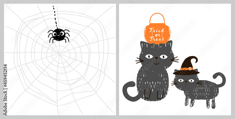 Set of Halloween card with spiderweb, spider cartoons, black cats hand written font on white background vector illustration. Set of Halloween card with spiderweb, spider cartoons, black cats hand written font on white background vector illustration.