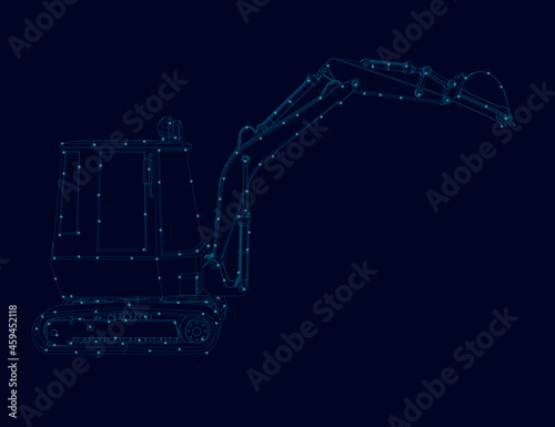 Contour of a small excavator made of blue lines with glowing lights on a dark background. Vector illustration