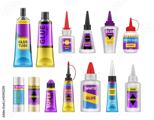 Glue packaging. Glues tubes, realistic adhesive stick and bottle plastic packs 3d isolated vector illustration
