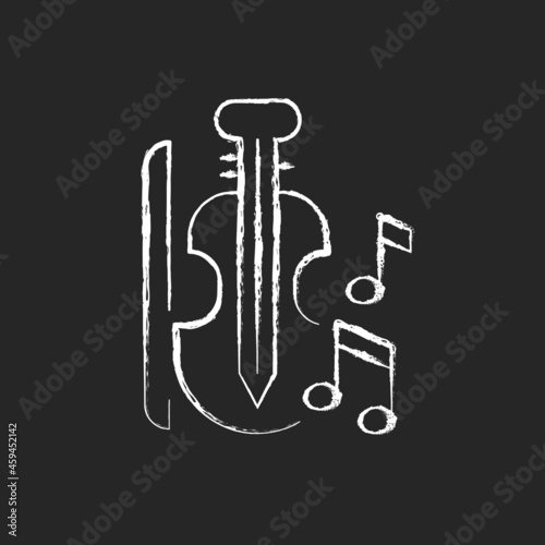 Music chalk white icon on dark background. Playing musical instruments in educational institutions. Violin, bow, notes. Music lessons in school. Isolated vector chalkboard illustration on black