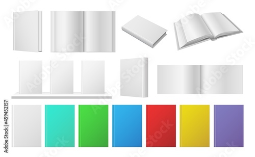 Realistic book mockup. White open books, color notebook covers. Isolated magazine, textbook, library vector set