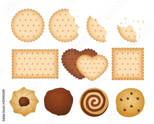 Sweet biscuits. Bitten chip biscuit cookie, crackers. Isolated chocolate vanilla cookies and bakery vector set