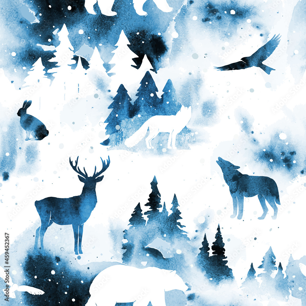 Watercolor winter vector seamless pattern with forest and animals under ...