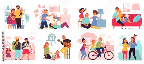 Family spend time together. Happy parents with children, mother father kids walking, ride and play. Cute cartoon people decent vector clipart © MicroOne