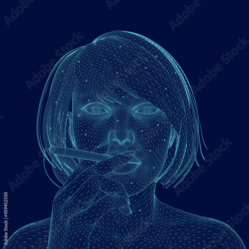 Wireframe of a girl smoking a cigarette made of blue lines with glowing lights on a dark background. 3D. Vector illustration