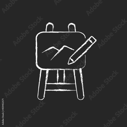 Art chalk white icon on dark background. Painting on drawing easel, pencil. Hands-on creative project in class. Art lessons in schools, universities. Isolated vector chalkboard illustration on black