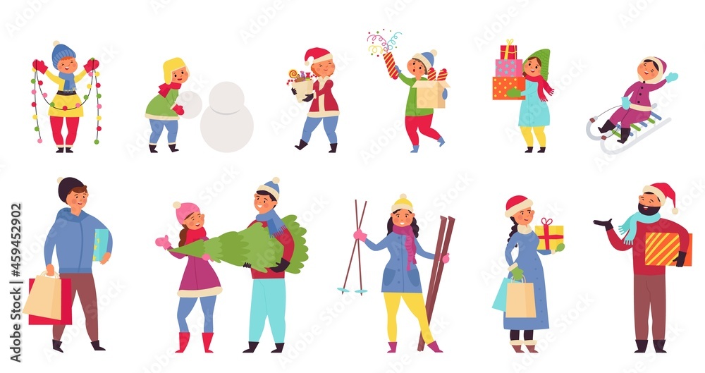 Winter season shopping. Woman man with shop bags, buy christmas gift box. Happy holidays characters, people hold xmas tree decent vector set