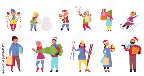Winter season shopping. Woman man with shop bags  buy christmas gift box. Happy holidays characters  people hold xmas tree decent vector set