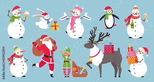 Flat cartoon christmas characters. Merry holiday, cute penguin, santa and elf. Adorable snowman and deer, kids new year decent vector elements