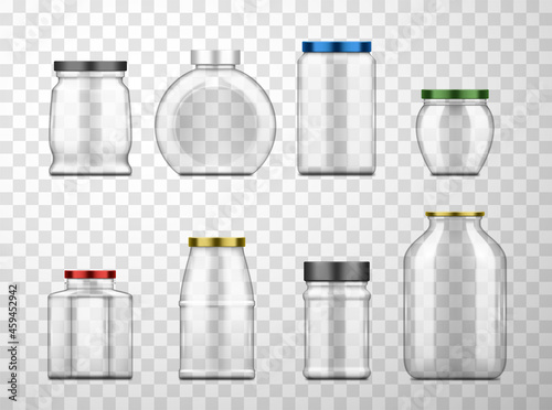 Set 3d transparent glass jar realistic vector illustration containers for storage of food products