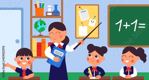 Student learning in classroom. College teacher, student at desks. Lecture or discussing, young school girl and boy on seminar decent vector scene