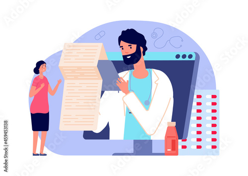Online diagnosis. Medical rx, telemedicine concept. Woman in online pharmacy buy medications and pills vector scene