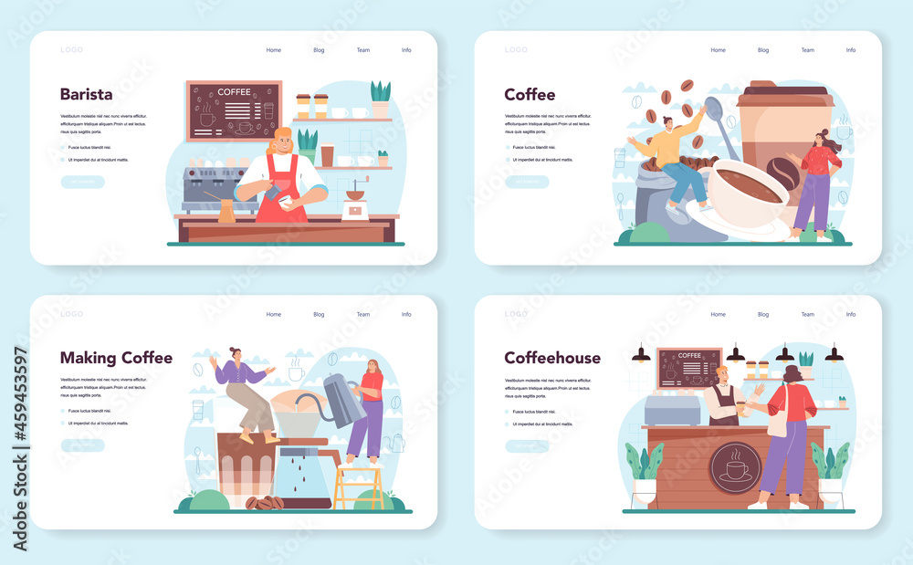 Barista web banner or landing page set. Bartender making a cup of hot coffe