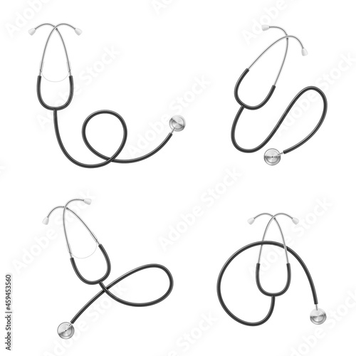 Realistic stethoscope set vector illustration doctor equipment for checking heartbeat and breath