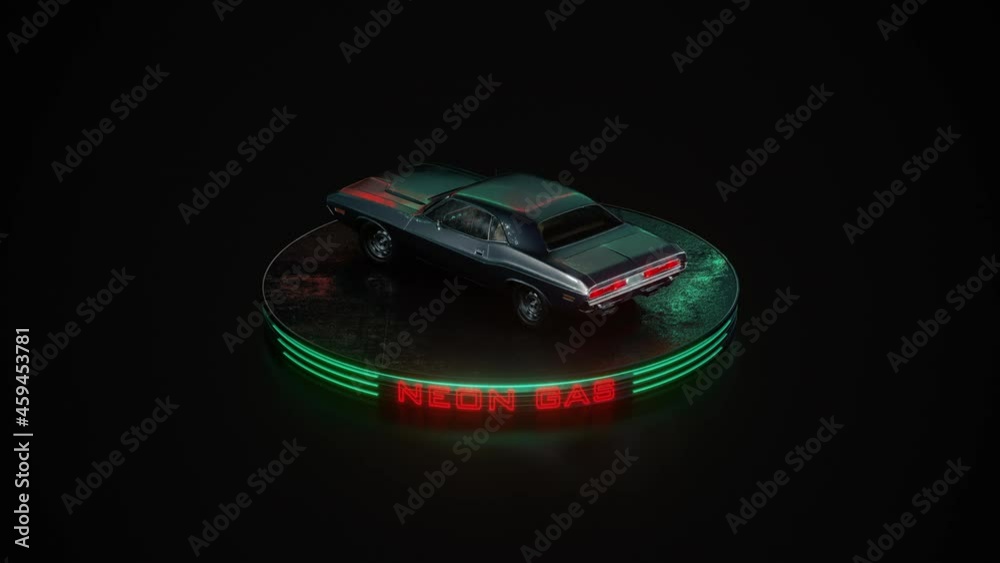 Neon gas retro car. Dodge challenger. Neon light, fog rain and night. Color reflections on wet asphalt. 3D illustration. 4K video. Neon gas retro car. Dodge challenger. Neon light, fog rain and night. Color reflections on wet asphalt. 3D illustration. 4K video.