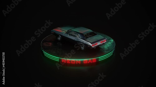 Neon gas retro car. Dodge challenger. Neon light, fog rain and night. Color reflections on wet asphalt. 3D illustration. 4K video.