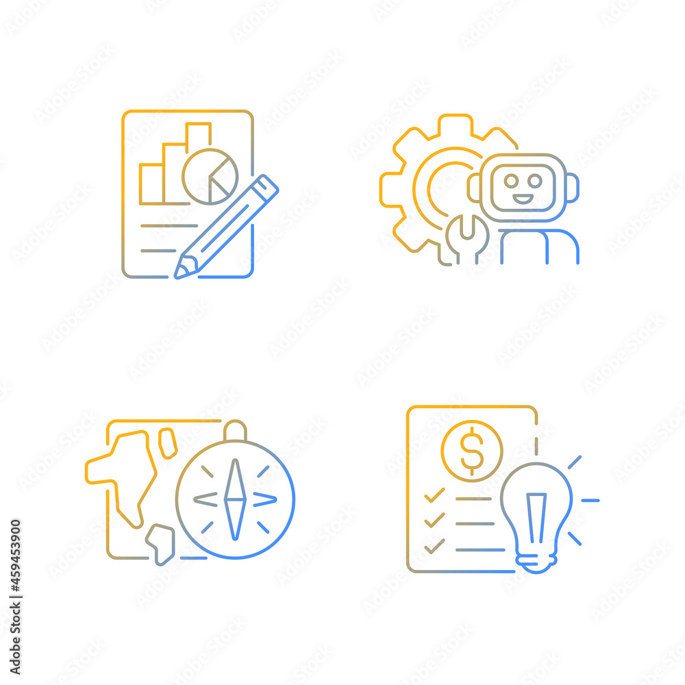 Diversity of school subjects gradient linear vector icons set. Economics report. Financial literacy education. Thin line contour symbols bundle. Isolated outline illustrations collection Diversity of school subjects gradient linear vector icons set. Economics report. Financial literacy education. Thin line contour symbols bundle. Isolated outline illustrations collection