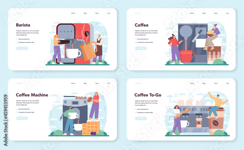 Coffee web banner or landing page set. Barista making a cup of hot coffee