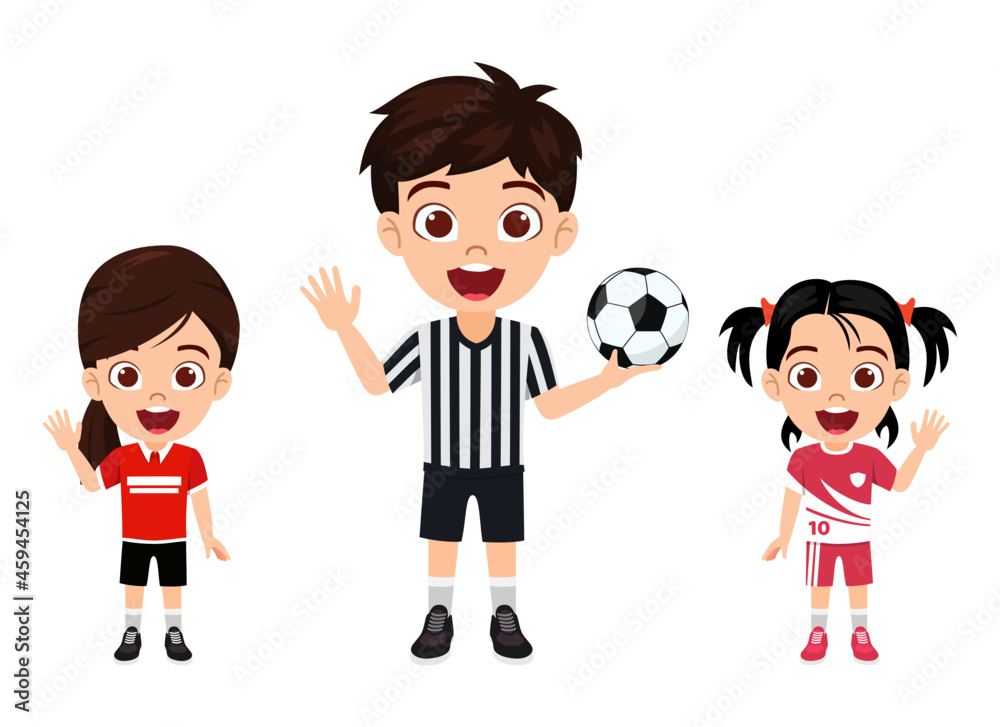 Happy kid girl footballer character standing with football and waving and with referee Happy kid girl footballer character standing with football and waving and with referee