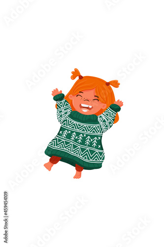 Vector happy girl in green tacky ugly sweater celebrates Christmas holiday. Cartoon female character wearing woolen jumper and dancing. Isolated object.