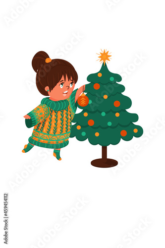 Vector cute cartoon girl in ugly sweater decorates a Christmas tree with a bauble for a party. Funny little child in a woolen jumper with ornament celebrates New year. Isolated illustration.