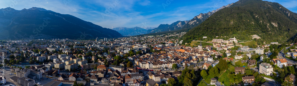 Aerial view around the old town of the city Chur in Switzerland on a sunny day in summer.