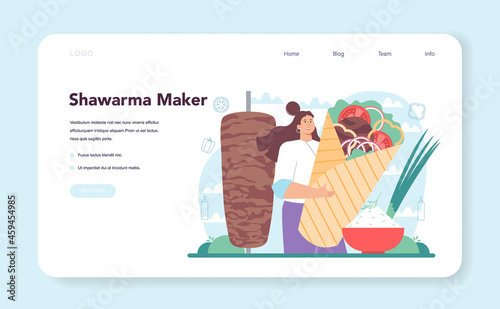 Shawarma street food web banner or landing page. Chef cooking delicious
